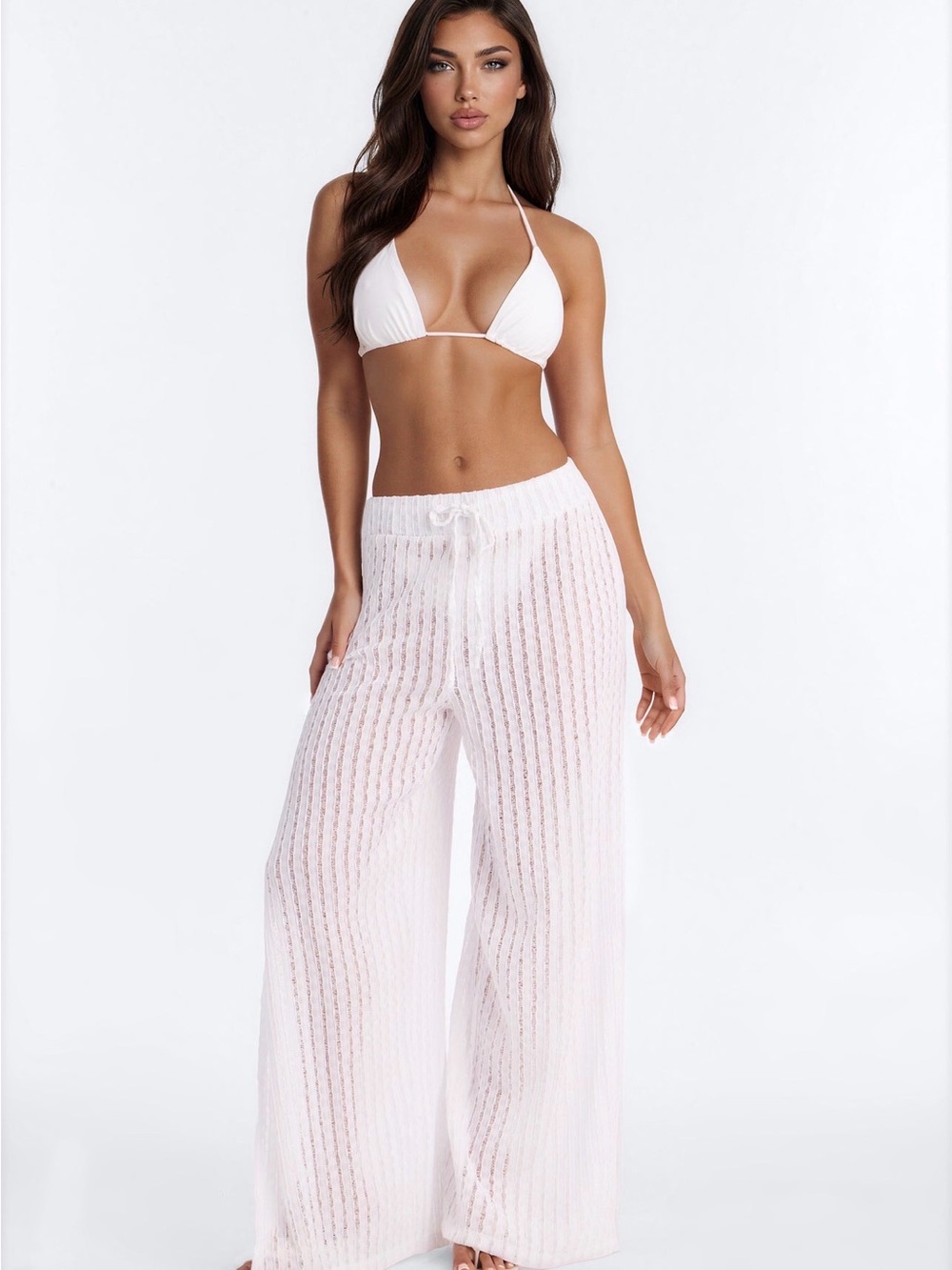 Fashion Nova Sheer Knit Wide-Leg Beach Pants - White